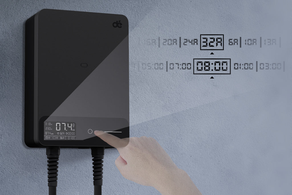 Regolazione corrente 6–32 A e timer di ricarica