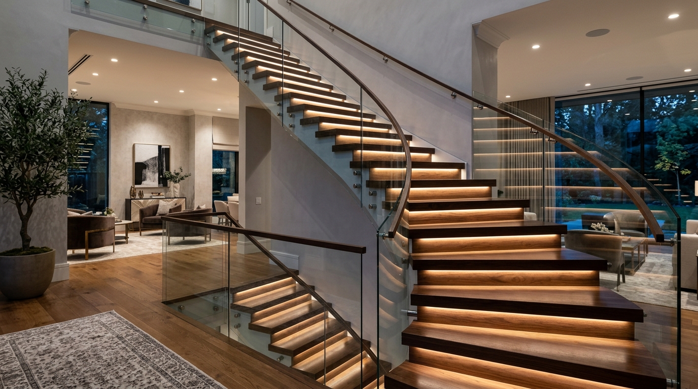 Scala moderna con illuminazione LED a gradino — effetto cascading